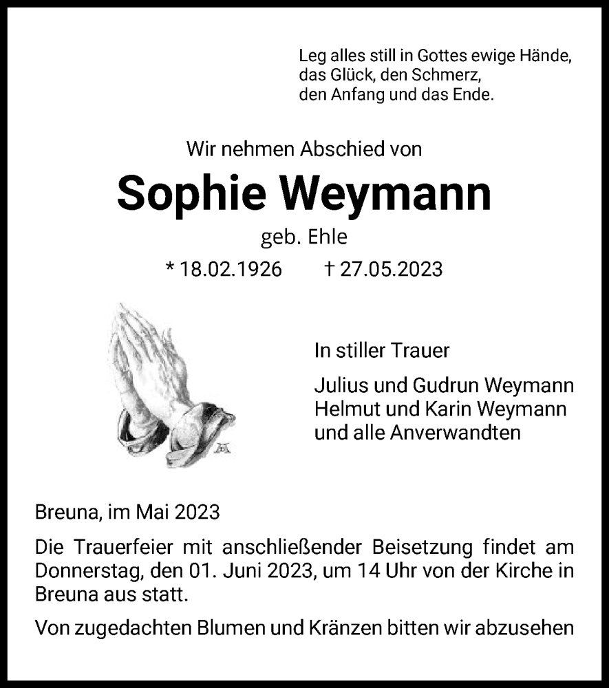 Traueranzeige für Sophie Weymann vom 31.05.2023 aus HNA