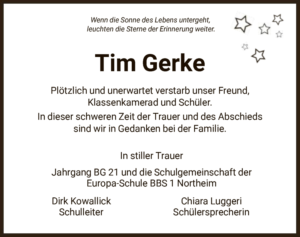  Traueranzeige für Tim Gerke vom 13.05.2023 aus HNA