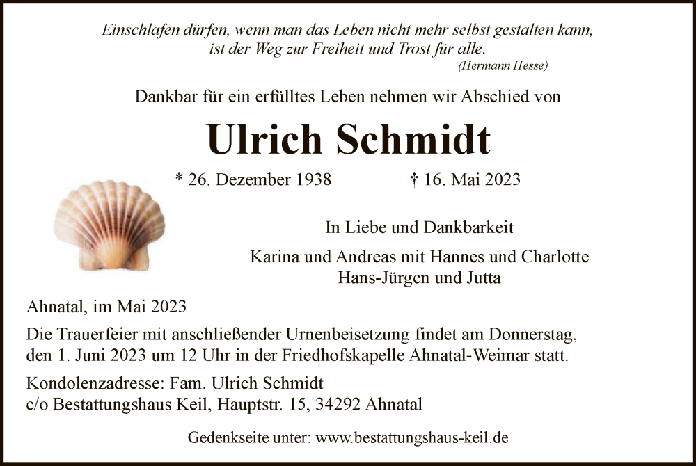  Traueranzeige für Ulrich Schmidt vom 26.05.2023 aus HNA