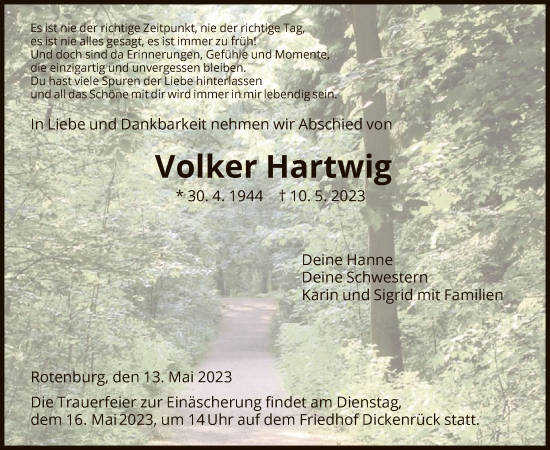 Traueranzeige von Volker Hartwig von HNA