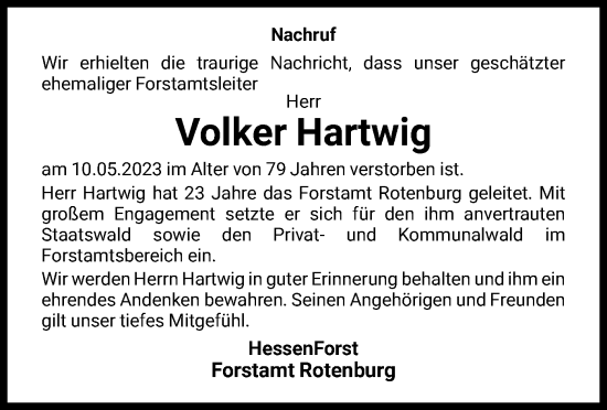 Traueranzeige von Volker Hartwig von HNA
