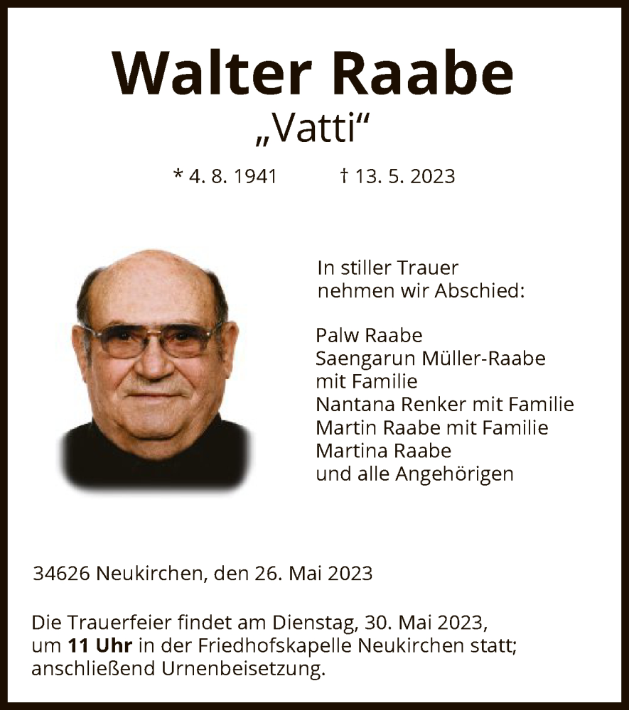  Traueranzeige für Walter Raabe vom 26.05.2023 aus HNA