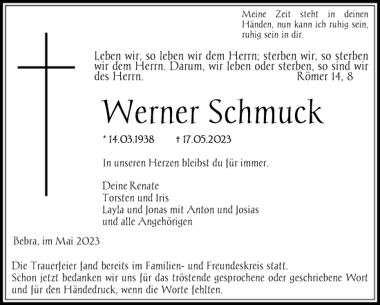 Traueranzeige von Werner Schmuck von HNA