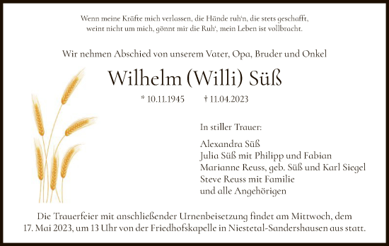 Traueranzeige von Wilhelm Süß von HNA