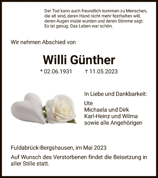 Traueranzeige von Willi Günther von HNA