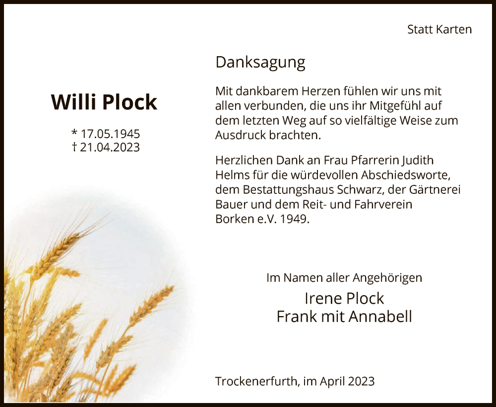  Traueranzeige für Willi Plock vom 13.05.2023 aus HNA