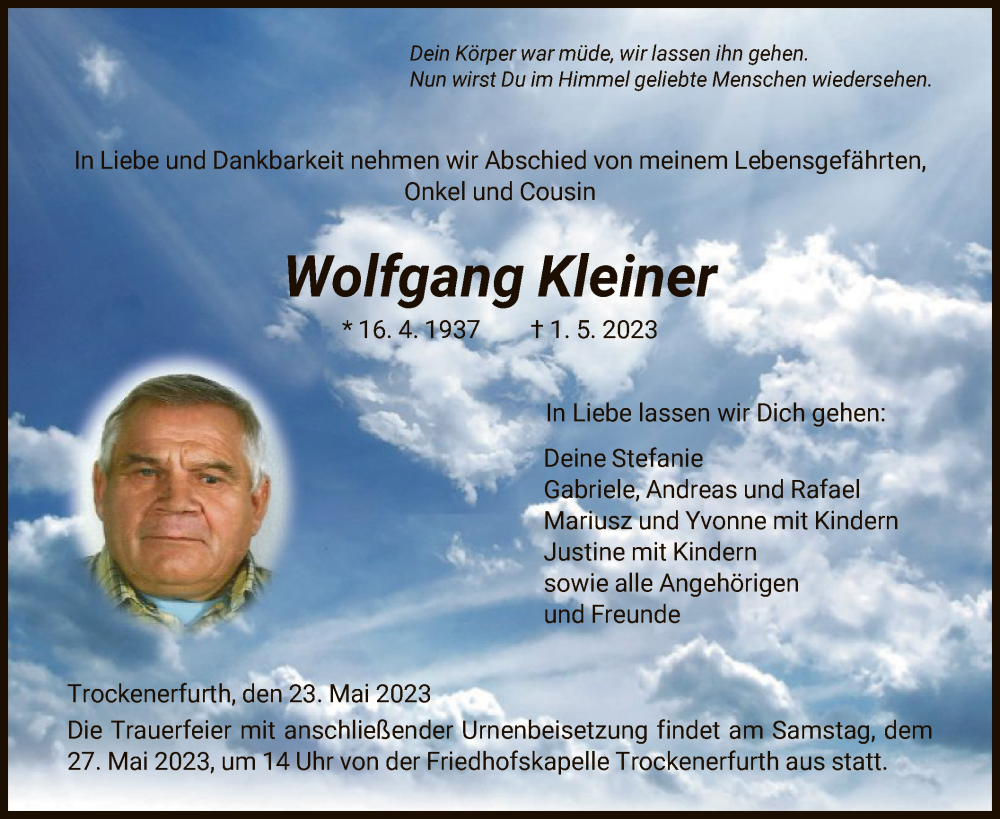  Traueranzeige für Wolfgang Kleiner vom 24.05.2023 aus HNA