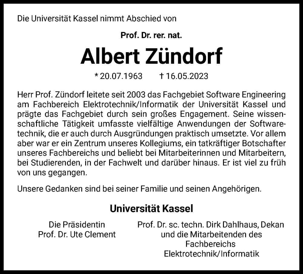  Traueranzeige für Albert Zündorf vom 03.06.2023 aus HNA