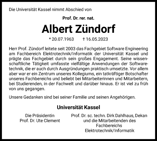 Traueranzeige von Albert Zündorf von HNA