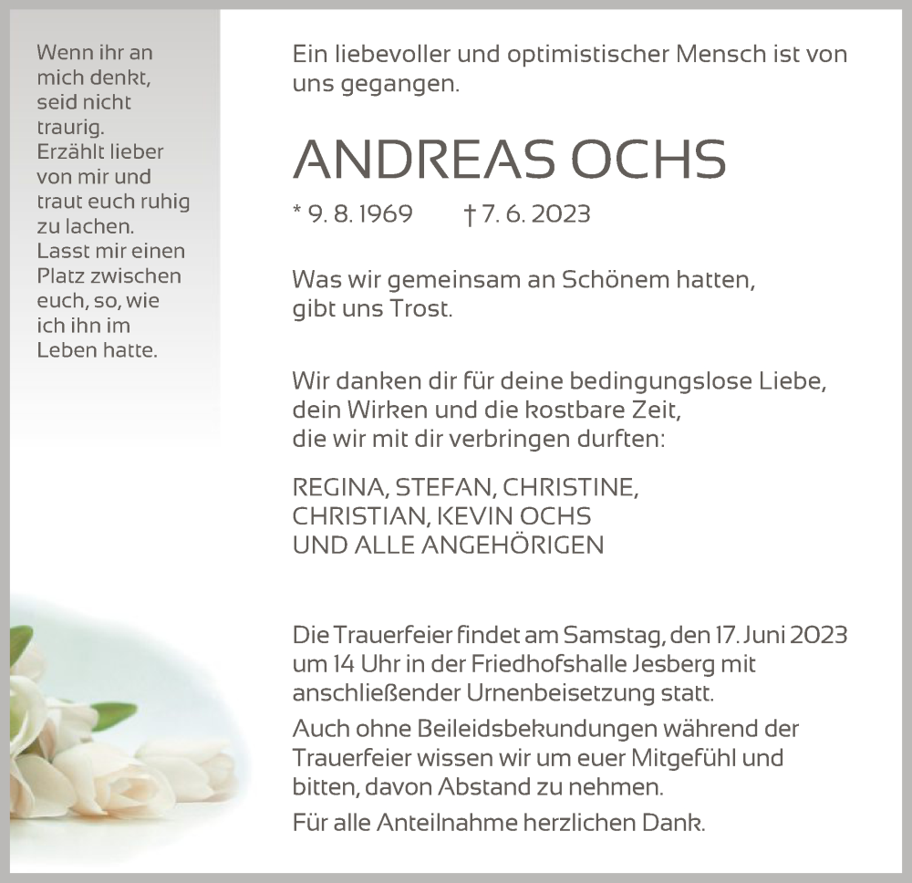  Traueranzeige für Andreas Ochs vom 13.06.2023 aus HNA