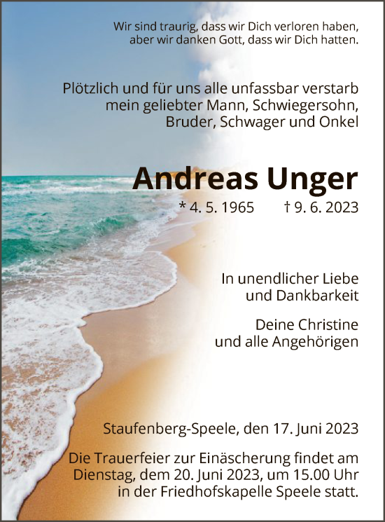 Traueranzeige von Andreas Unger von HNA