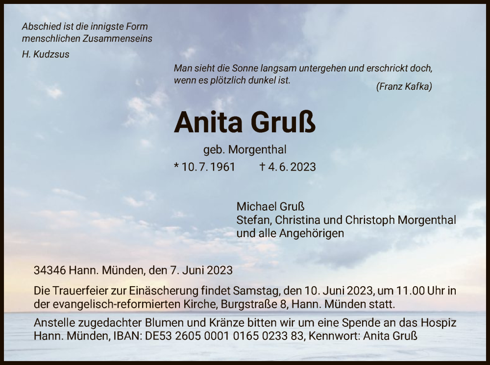  Traueranzeige für Anita Gruß vom 07.06.2023 aus HNA