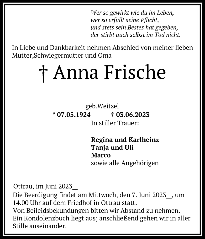  Traueranzeige für Anna Frische vom 06.06.2023 aus HNA