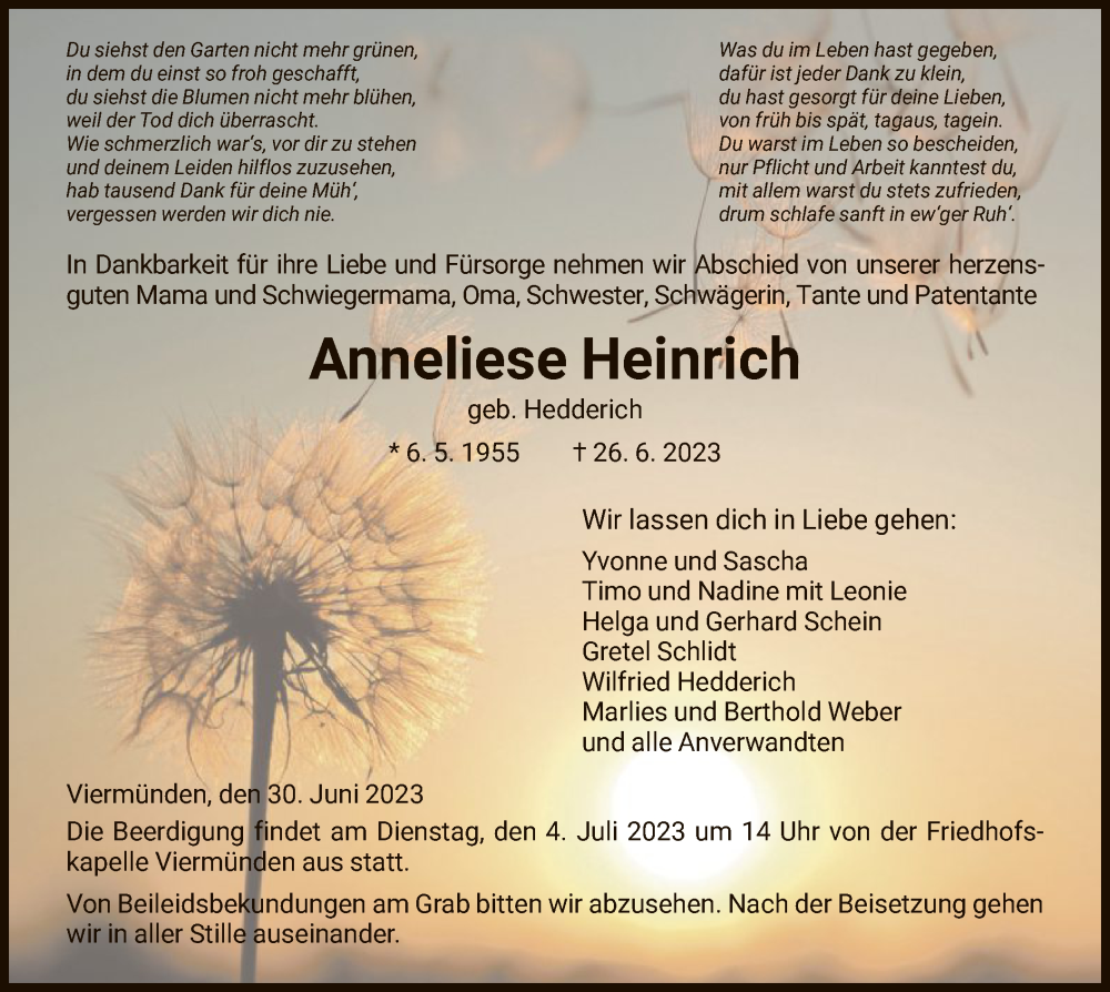  Traueranzeige für Anneliese Heinrich vom 30.06.2023 aus HNA