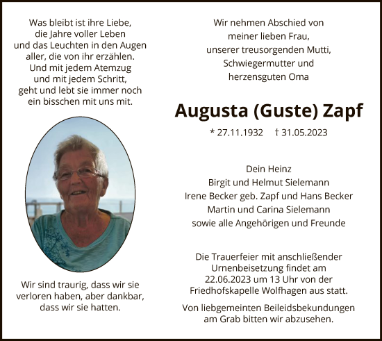 Traueranzeige von Augusta Zapf von HNA