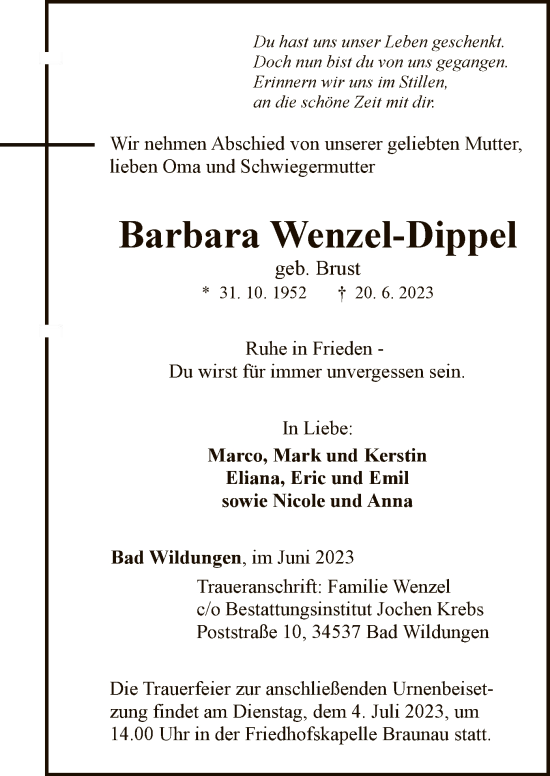 Traueranzeige von Barbara Wenzel-Dippel von HNA