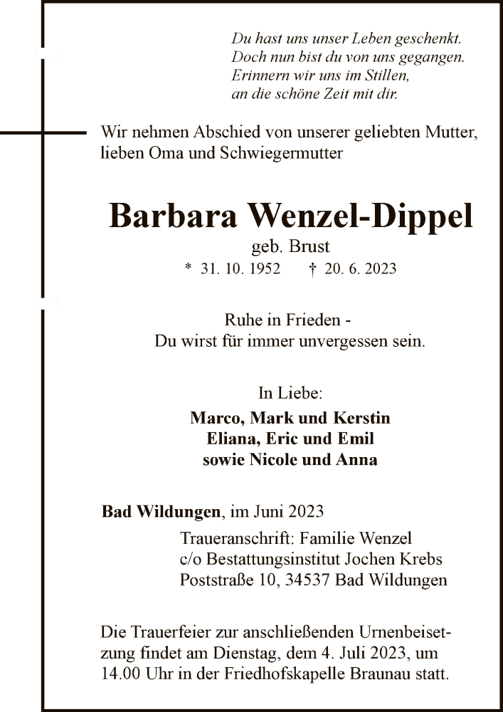  Traueranzeige für Barbara Wenzel-Dippel vom 30.06.2023 aus HNA