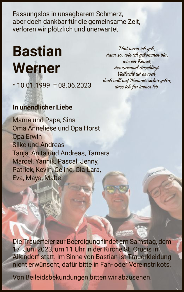  Traueranzeige für Bastian Werner vom 14.06.2023 aus HNA