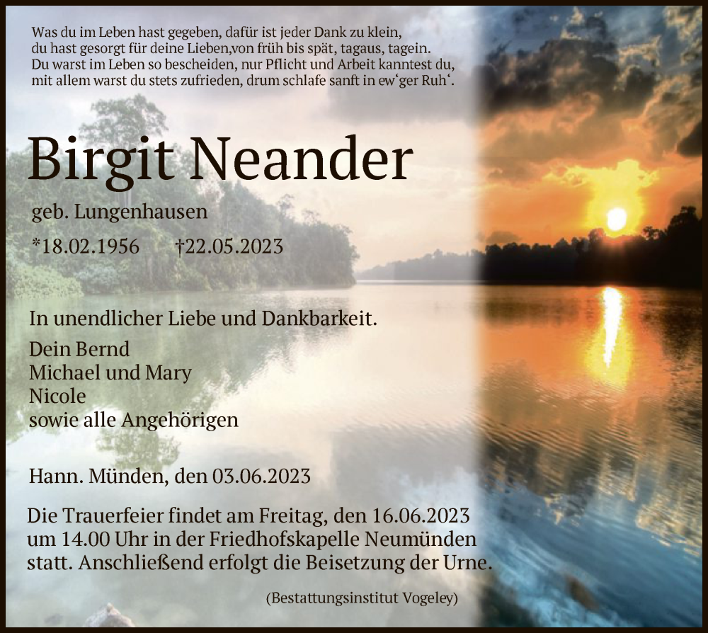  Traueranzeige für Birgit Neander vom 03.06.2023 aus HNA