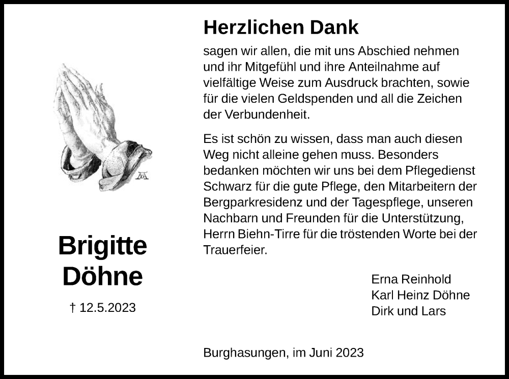  Traueranzeige für Brigitte Döhne vom 10.06.2023 aus HNA