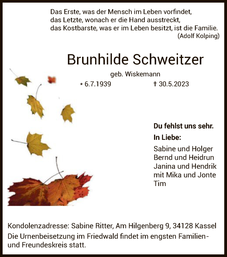  Traueranzeige für Brunhilde Schweitzer vom 03.06.2023 aus HNA