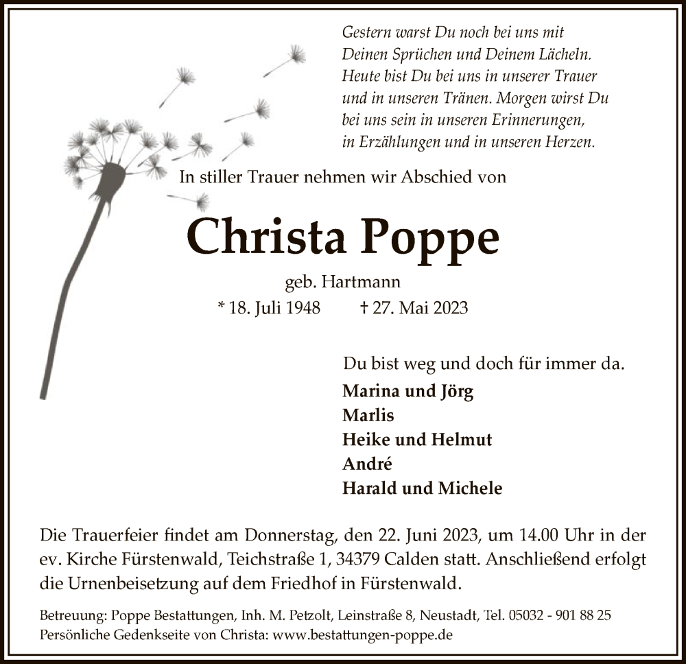  Traueranzeige für Christa Poppe vom 03.06.2023 aus HNA