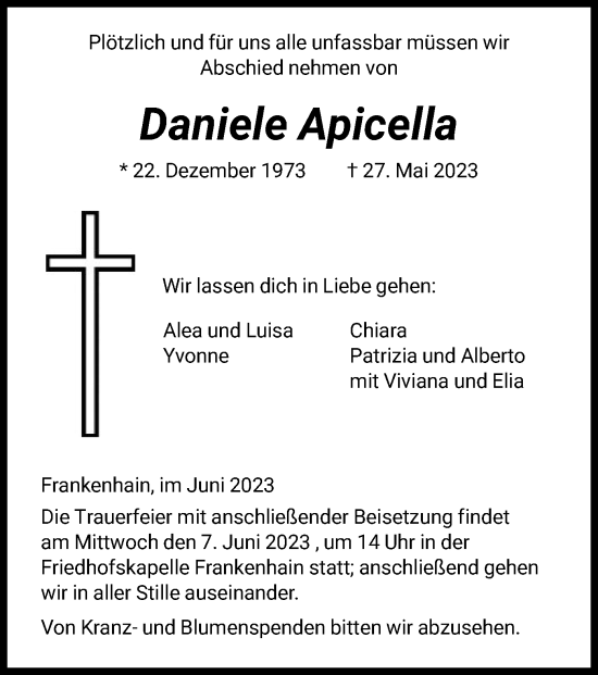 Traueranzeige von Daniele Apicella von HNA