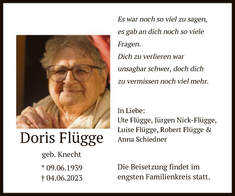  Traueranzeige für Doris Flügge vom 17.06.2023 aus HNA