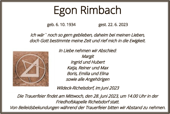 Traueranzeige von Egon Rimbach von HNA