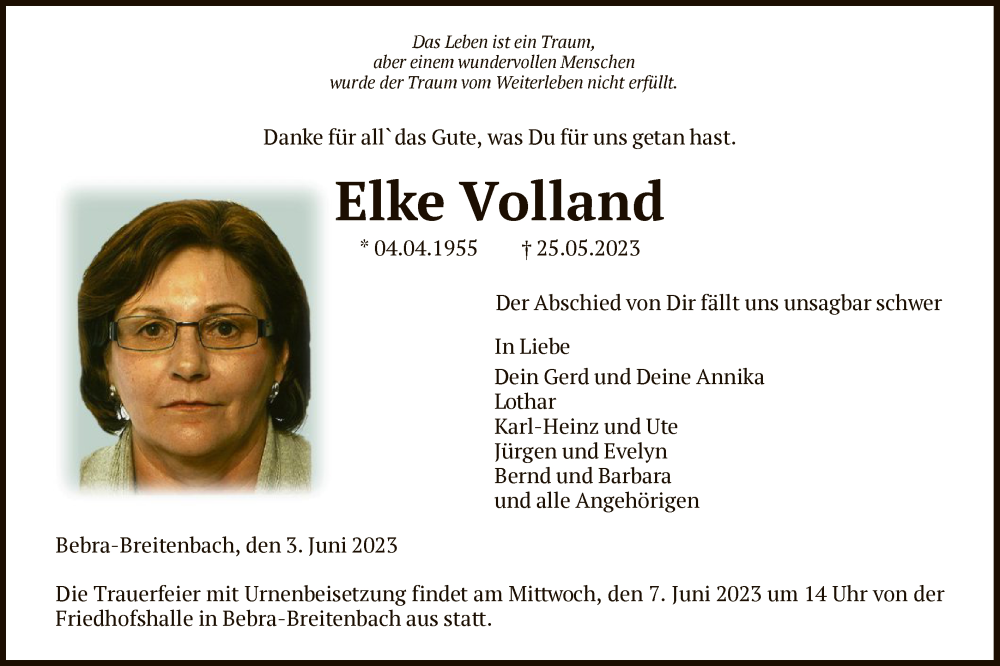  Traueranzeige für Elke Volland vom 03.06.2023 aus HNA