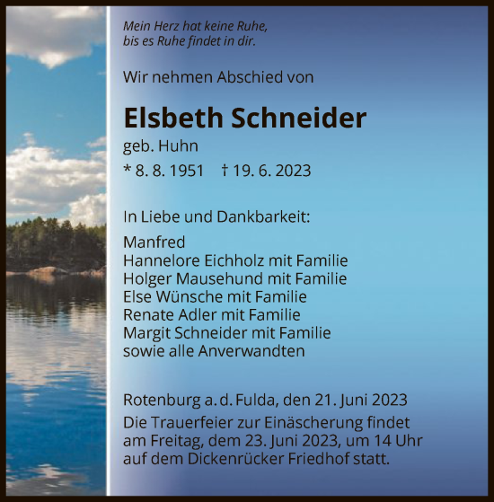 Traueranzeige von Elsbeth Schneider von HNA