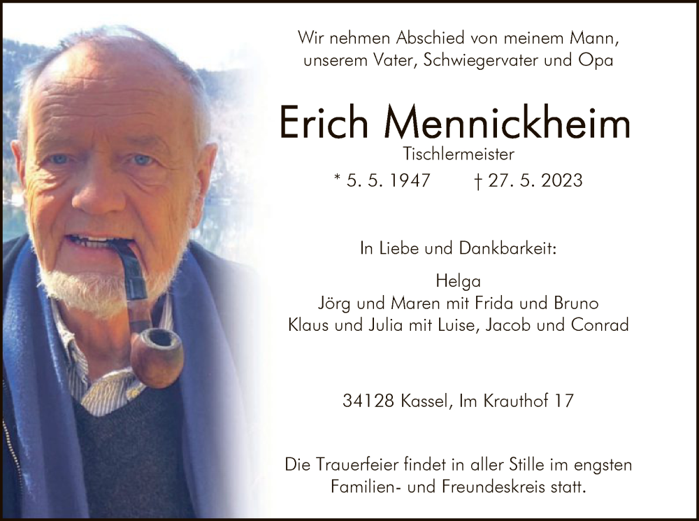  Traueranzeige für Erich Mennickheim vom 03.06.2023 aus HNA