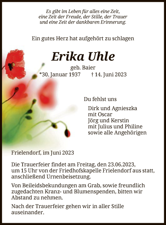 Traueranzeige von Erika Uhle von HNA
