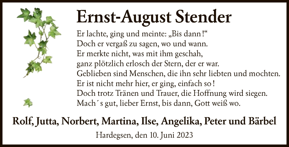  Traueranzeige für Ernst-August Stender vom 10.06.2023 aus HNA