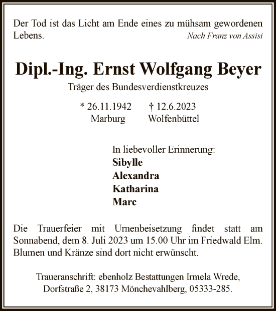 Traueranzeige von Ernst Wolfgang Beyer von HNA