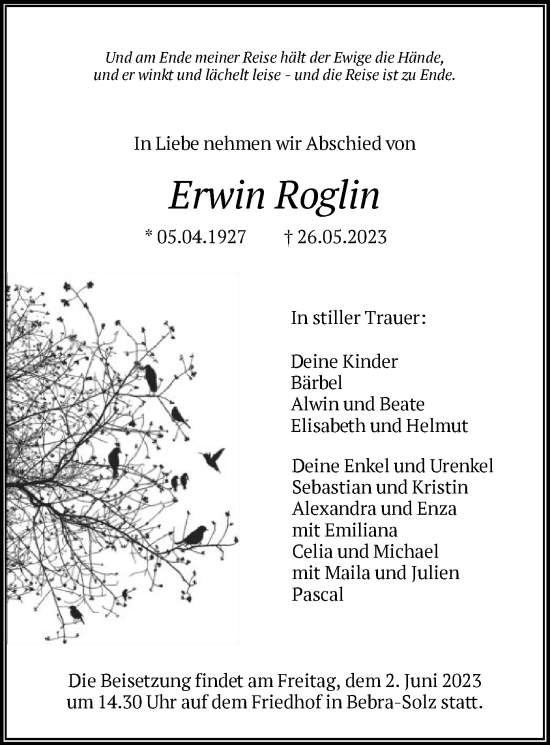 Traueranzeige von Erwin Roglin von HNA