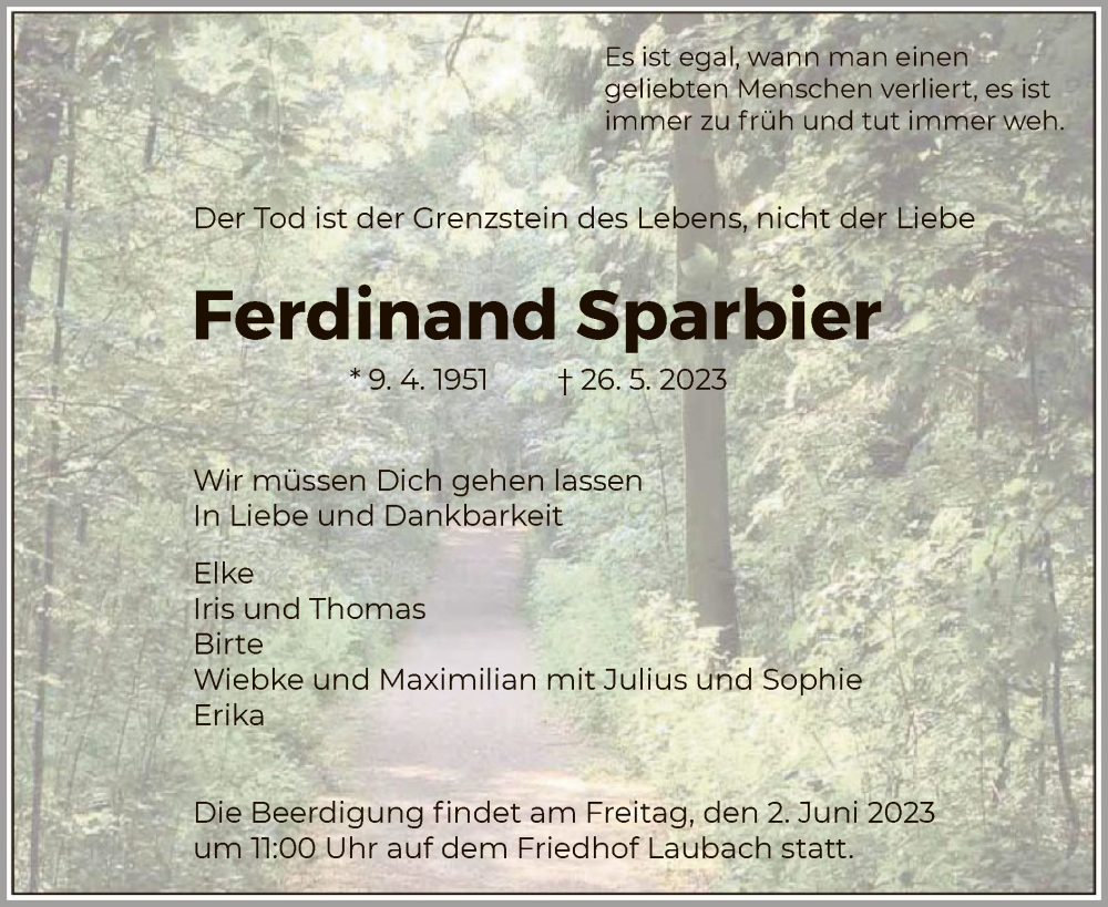  Traueranzeige für Ferdinand Sparbier vom 01.06.2023 aus HNA