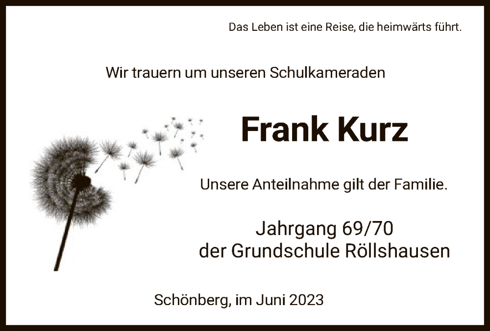  Traueranzeige für Frank Kurz vom 09.06.2023 aus HNA