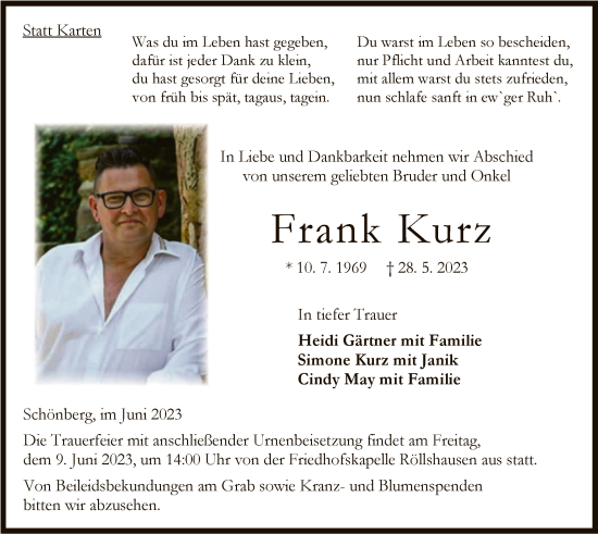 Traueranzeigen von Frank Kurz | Trauer.HNA.de