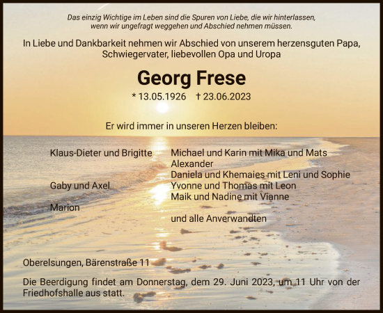 Traueranzeige von Georg Frese von HNA