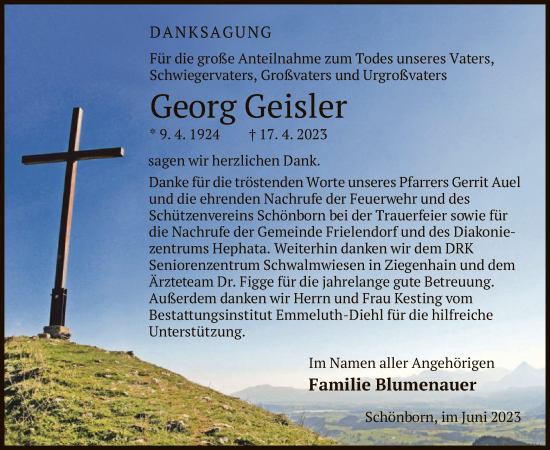 Traueranzeige von Georg Geisler von HNA