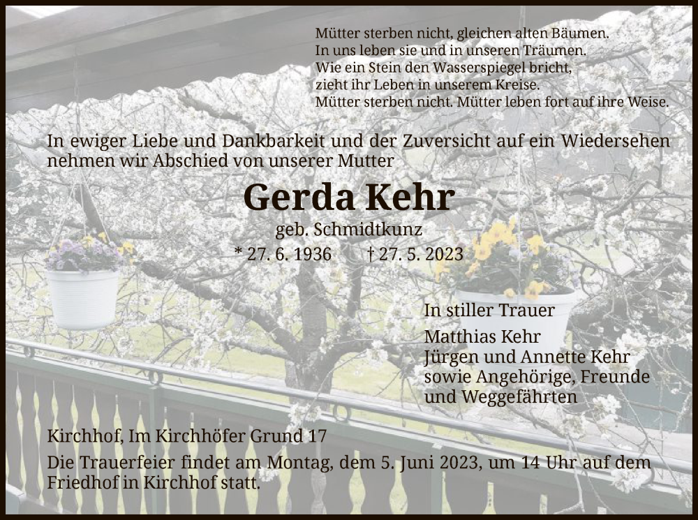  Traueranzeige für Gerda Kehr vom 03.06.2023 aus HNA