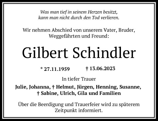 Traueranzeige von Gilbert Schindler von HNA