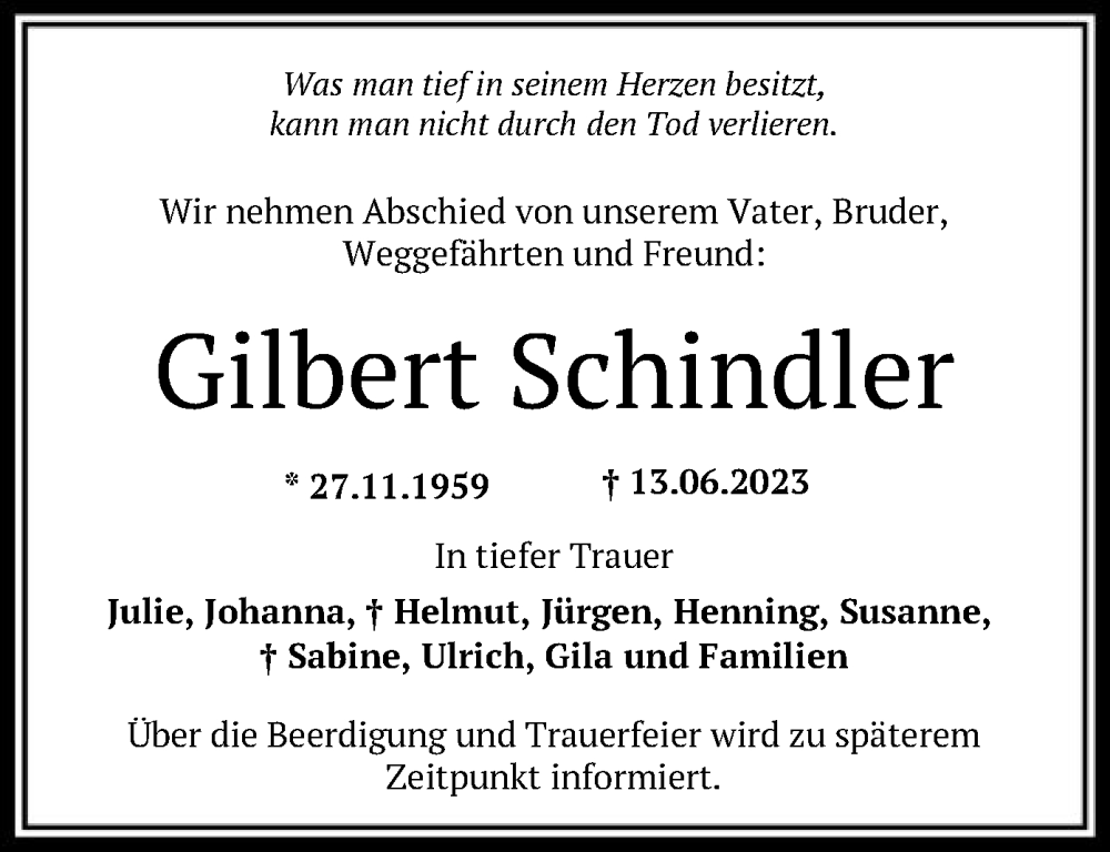  Traueranzeige für Gilbert Schindler vom 19.06.2023 aus HNA