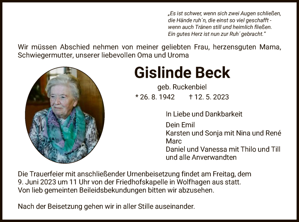  Traueranzeige für Gislinde Beck vom 03.06.2023 aus HNA