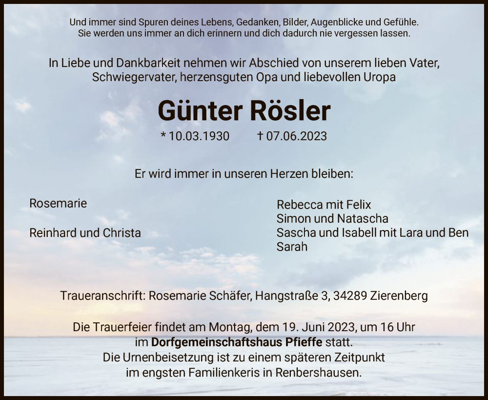  Traueranzeige für Günter Rösler vom 16.06.2023 aus HNA