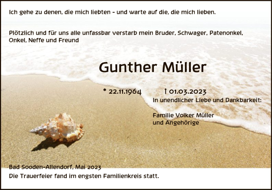 Traueranzeige von Gunther Müller von HNA