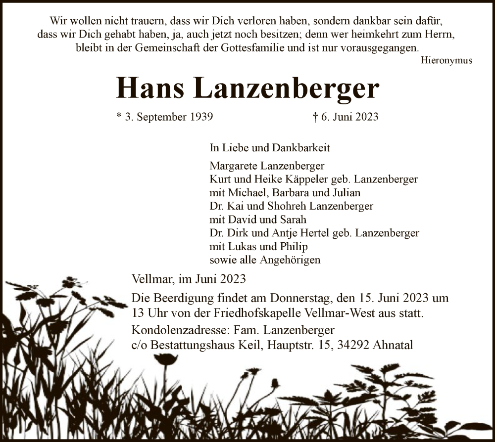  Traueranzeige für Hans Lanzenberger vom 10.06.2023 aus HNA