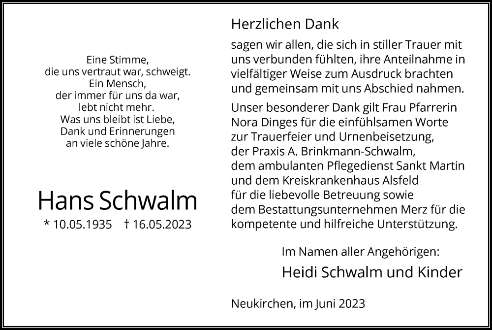  Traueranzeige für Hans Schwalm vom 10.06.2023 aus HNA
