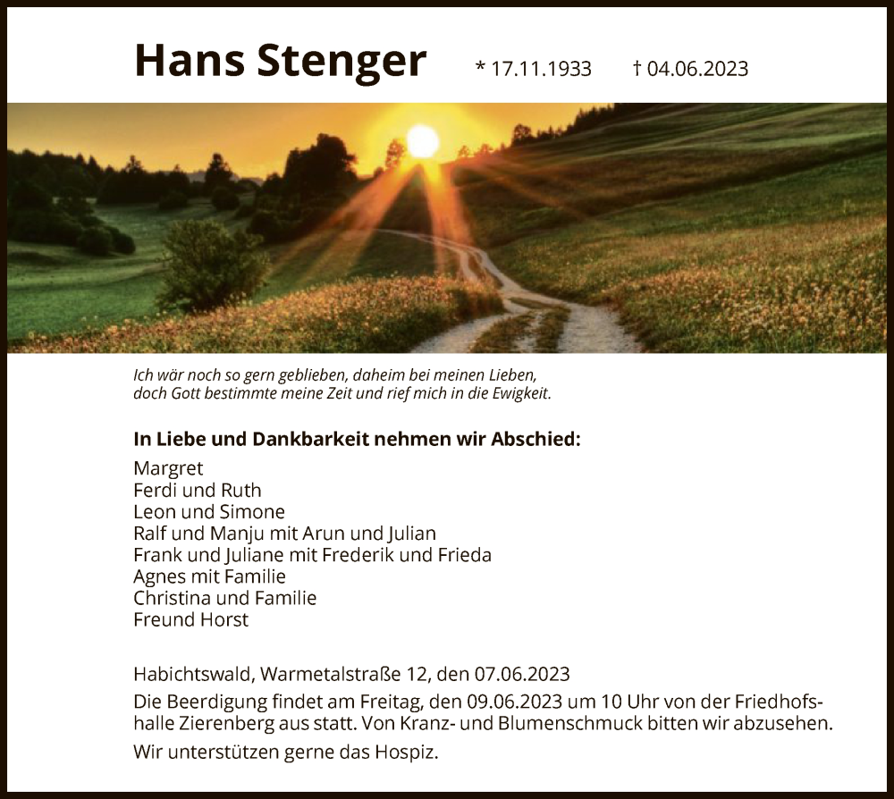  Traueranzeige für Hans Stenger vom 07.06.2023 aus HNA